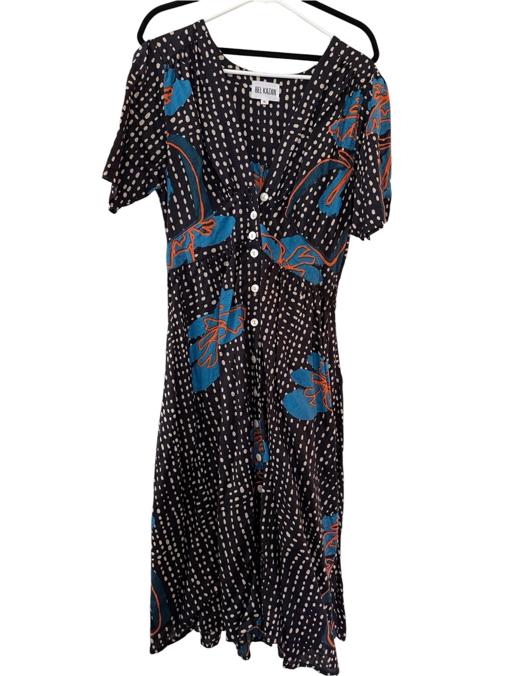 Bel Kazan Black Polka Dot Midi Dress with Blue & Orange Floral Print